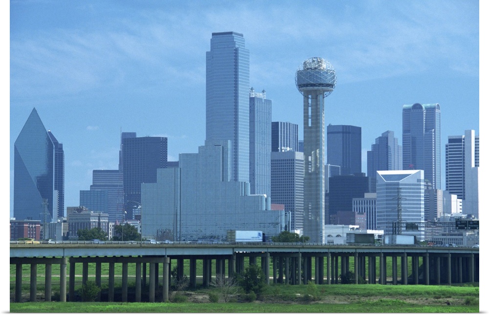 Freeway bridge over the Dallas River floodplain, and skyline, Dallas, Texas, USA