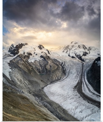 Gorner Glacier With Lyskamm And Monte Rosa Peaks At Sunset, Swiss Alps, Switzerland