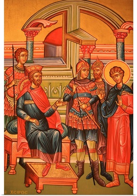 Greek Orthodox icon depicting a martyr with a Roman governor, Greece