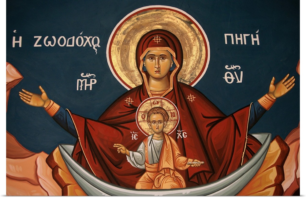 Greek Orthodox icon depicting Mary as a well of life, Thessalonica, Macedonia, Greece, Europe.