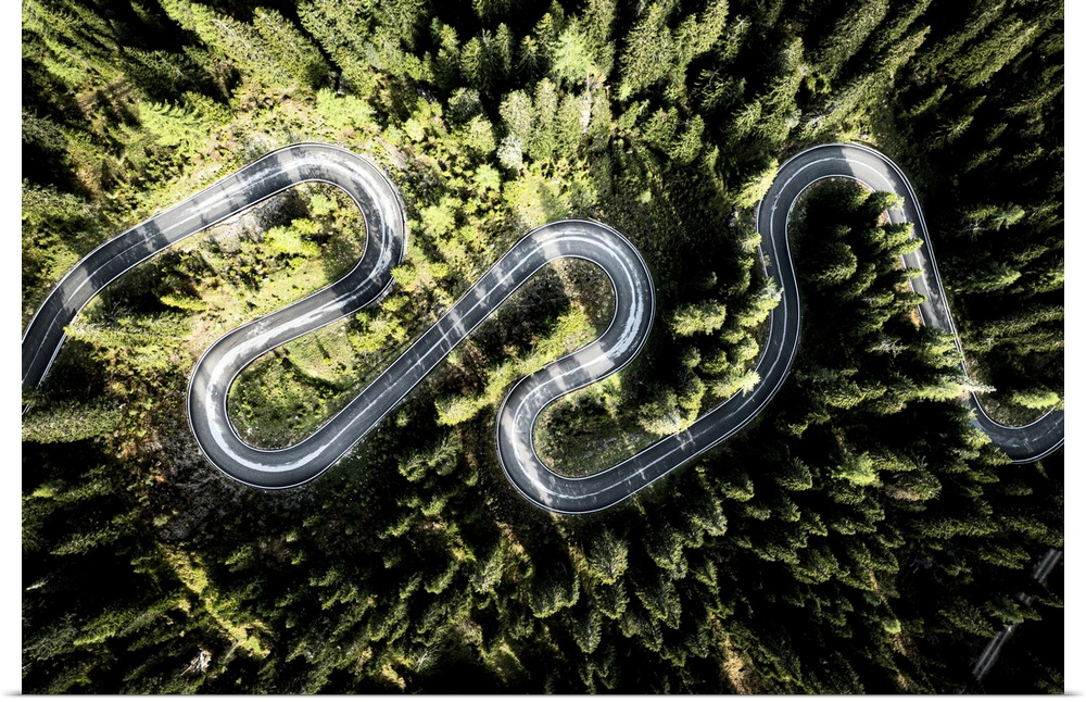 Overhead aerial view of hairpin bends of scenic mountain road crossing a green forest, Giau Pass, Dolomites, Veneto, Italy...