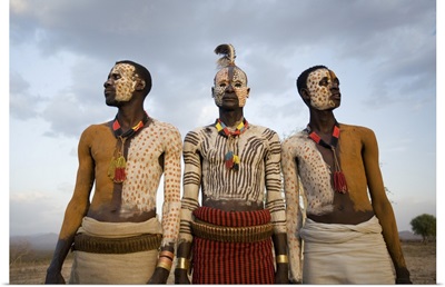 Karo Tribesmen With Face And Body Painting, Omo River, Lower Omo Valley, Ethiopia