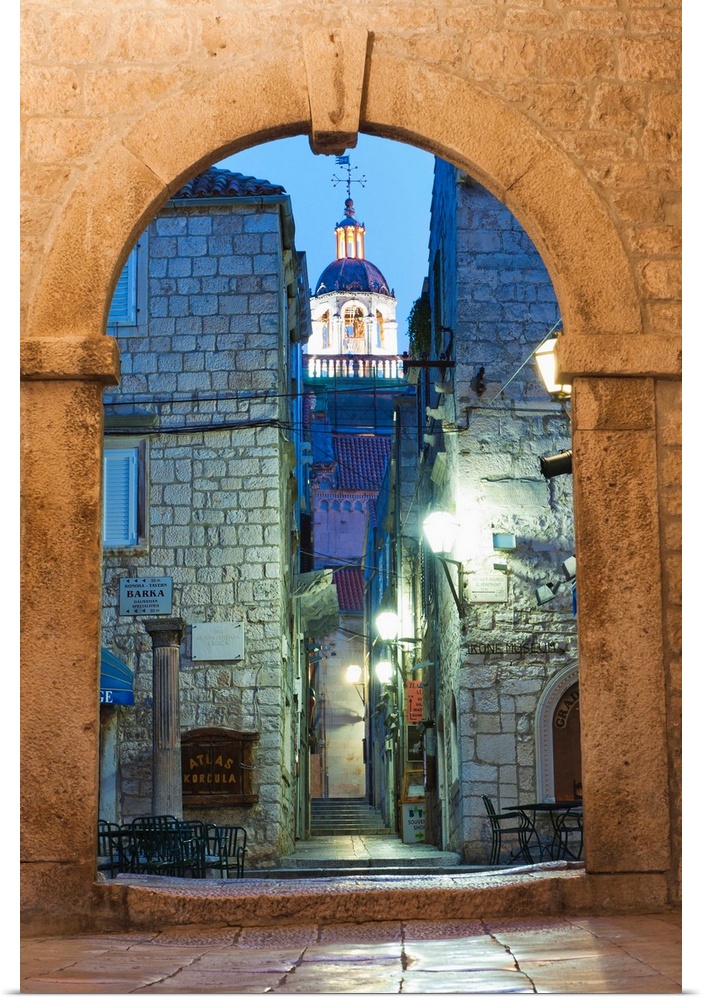 Korcula Revelin, the entrance to Old Korcula Town at night, Korcula Island, Croatia