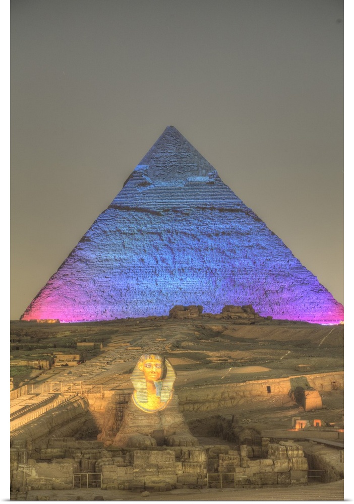 Light Show, Sphinx, Khafre Pyramid in the background, Great Pyramids of Giza, UNESCO World Heritage Site, Giza, Egypt, Nor...