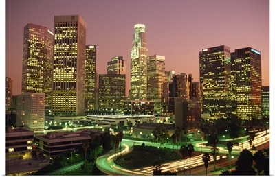 Los Angeles skyline and freeways, illuminated at night, California, USA