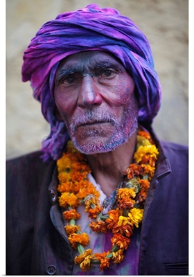 Man Celebrating Holi Festival, Nandgaon, Uttar Pradesh, India, Asia