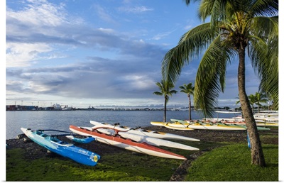 Many kayaks on the beach of Papeete, Tahiti, Society Islands, French Polynesia