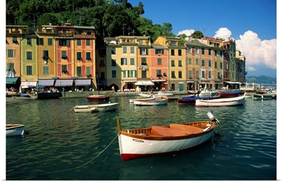 Moored boats and architecture of Portofino, Liguria, Italy, Mediterranean