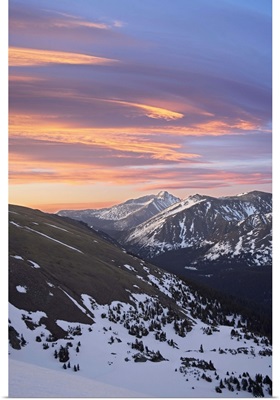 Orange clouds at dawn above Longs Peak, Rocky Mountain National Park, Colorado
