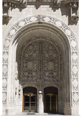 Ornate Gothic style entrance to the Tribune Tower, Chicago, Illinois