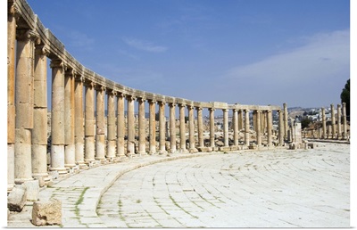 Oval Plaza with colonnade and ionic columns, Jerash, a Roman Decapolis city, Jordan