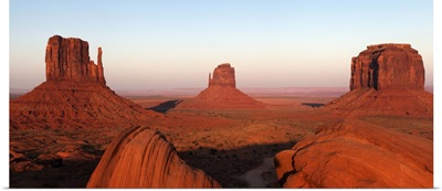 Panoramic photo of the Mittens at dusk, Monument Valley Navajo Tribal Park, Utah