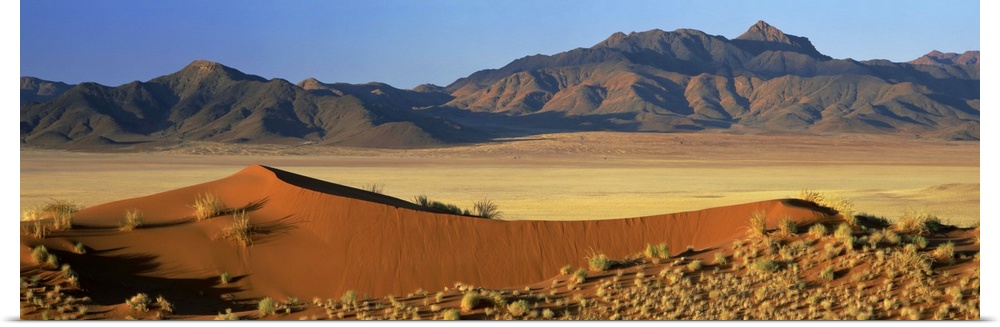 Panoramic view over orange sand dunes towards mountains, Namibia, Africa
