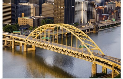 Pittsburgh skyline and Fort Pitt Bridge over the Monongahela River, Pennsylvania