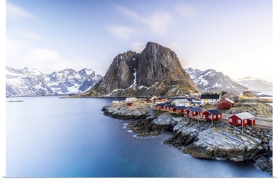 Red Rorbu Cabins In The Fishing Village Of Hamnoy, Reine, Lofoten Islands, Norway