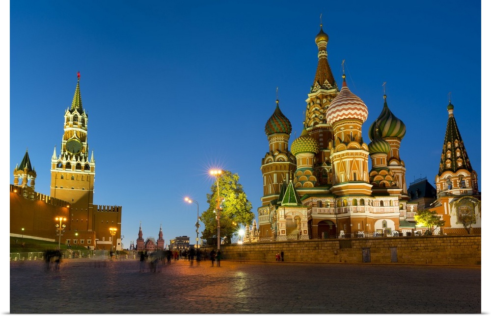 Red Square, St. Basil's Cathedral and the Savior's Tower of the Kremlin lit up at night, Moscow, Russia