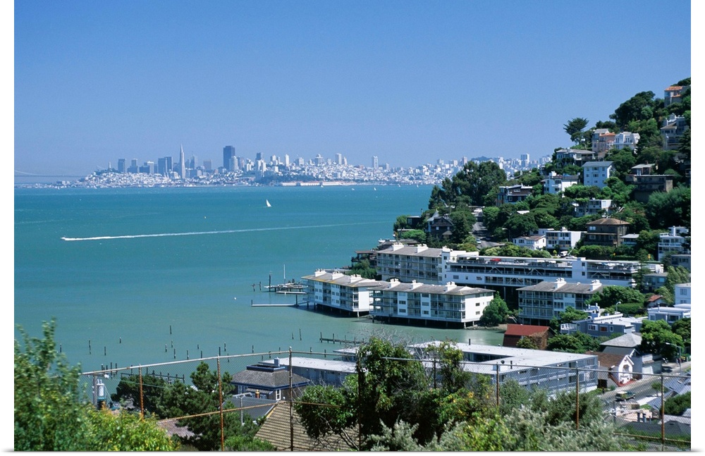 Sausalito, a town on San Francisco Bay in Marin County, with the San Francisco city skyline  in the distance, California