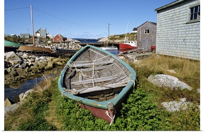 Small boat on land in the lobster fishing community, Nova Scotia, Canada
