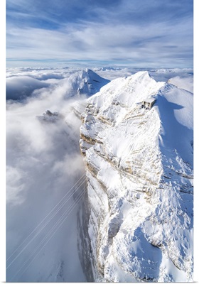 Snow Capped Tofane Group And Scenic Freccia Nel Cielo Cableway, Dolomites, Veneto, Italy