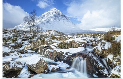 Snow Covered Buachaille Etive Mor And The River Coupall, Scottish Highlands, Scotland