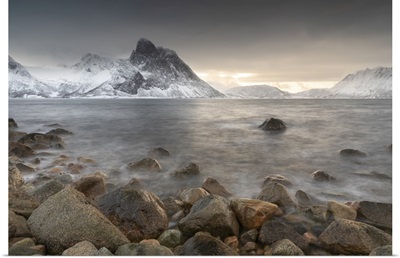 Snow Covered Mountains Near To Stonglandseidet On The Island Of Senja, Norway