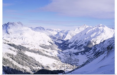 Snow-covered valley and ski resort town of Lech, Austrian Alps, Lech, Arlberg, Austria
