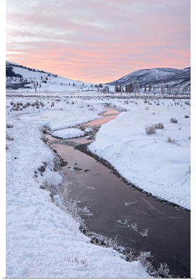 Soda Butte Creek at dawn with snow, Yellowstone National Park, Wyoming, USA