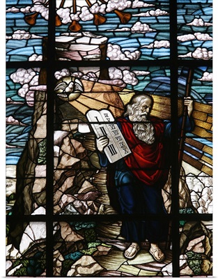 Stained glass of Moses holding the tablets of the Law, Vienna, Austria