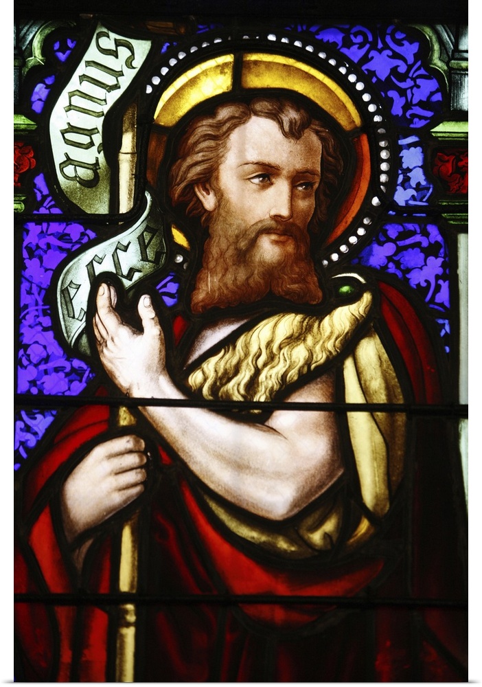Stained glass of St. John the Baptist, in St. Paul's church, Lyon, Rhone, France, Europe.