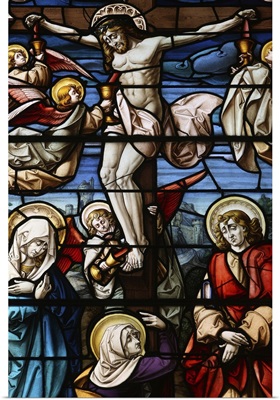 Stained glass of the Crucifixion, San Jeronimo's church, Madrid, Spain