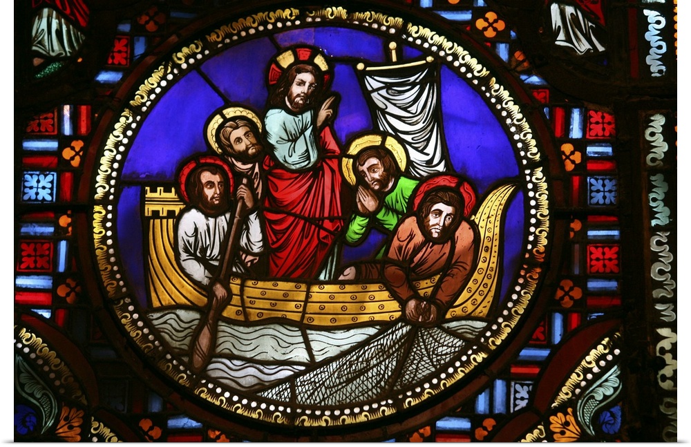 Stained glass window of the miracle of fishing, Lyon, Rhone, France