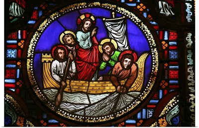 Stained glass window of the miracle of fishing, Lyon, Rhone, France