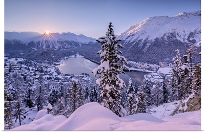 Sunrise Over Village And Lake Of St. Moritz, Engadine, Canton Of Graubunden, Switzerland
