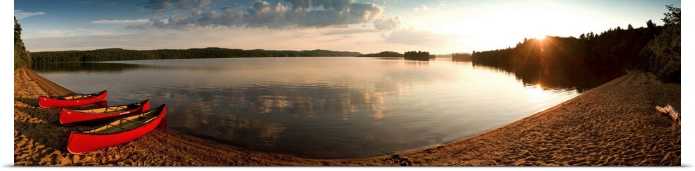 Sunset Algonquin national park with canoes at lake shore large format panoramic