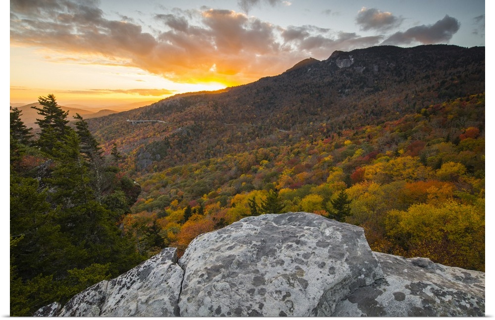 Sunset and autumn color at Grandfather Mountain, located on the Blue Ridge Parkway, North Carolina, United States of Ameri...