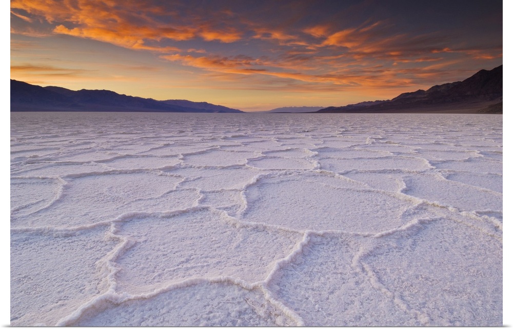 Sunset at the Salt pan polygons, Badwater Basin, 282ft below sea level and the lowest place in North America, Death Valley...