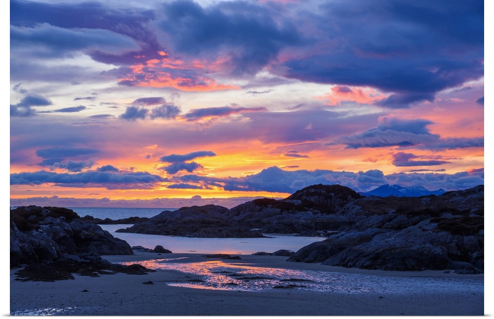 Sunset over Ardtoe Bay, Ardnamurchan Peninsula, Lochaber, Highlands, Scotland, United Kingdom, Europe