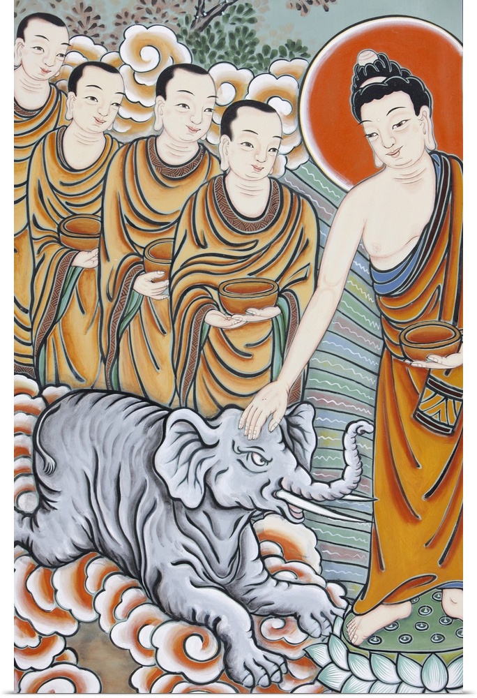 The Buddha taming an elephant, depicted in the Life of Buddha, Seoul, South Korea, Asia.