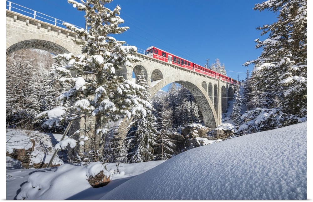 The red train on viaduct surrounded by snowy woods, Cinuos-Chel, Canton of Graubunden, Engadine, Switzerland