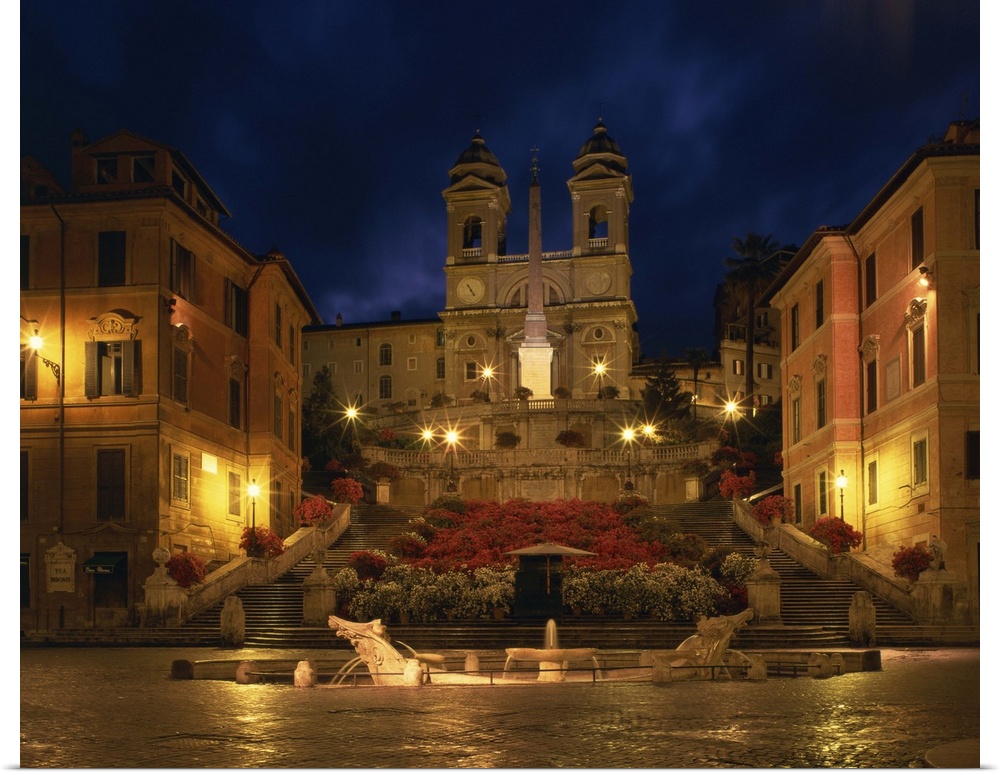 The Spanish Steps illuminated at night in the city of Rome, Lazio, Italy