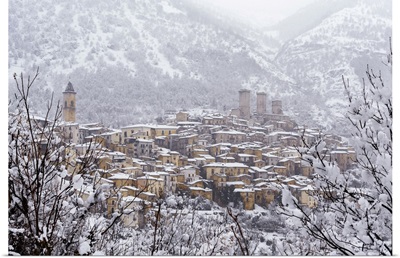 The Village And The Castle Of Pacentro Under Heavy Snowfall, Italy