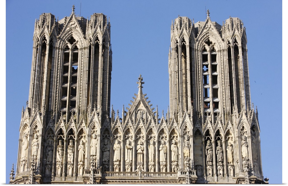 Towers and Kings' Gallery, Reims Cathedral, Reims, Marne, France, Europe.