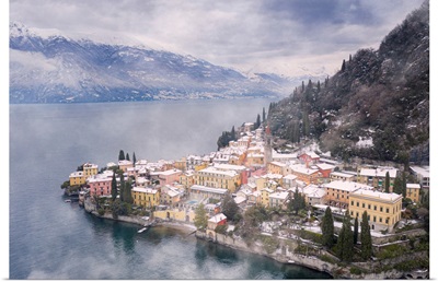 Traditional Houses Of Varenna Old Town After A Snowfall, Lake Como, Italy