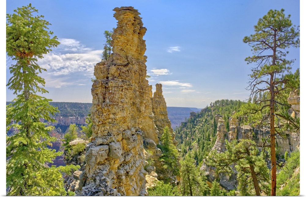 Large rock spires on the cliff of Transept Canyon along the Widforss Trail at Grand Canyon North Rim, UNESCO World Heritag...