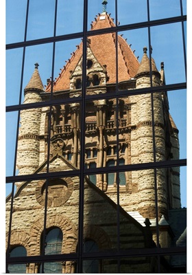 Trinity Church reflected in the John Hancock Tower, Copley Square, Boston, MA, USA