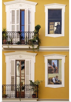 Trompe l'oeil paintings on facades, St. Nicolas Square, Valencia, Spain, Europe
