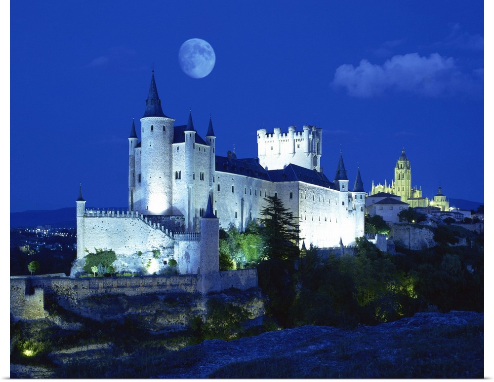 View of castle illuminated, Segovia, Spain