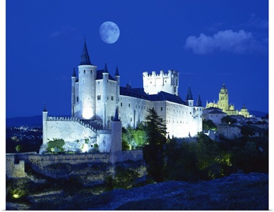 View of castle illuminated, Segovia, Spain