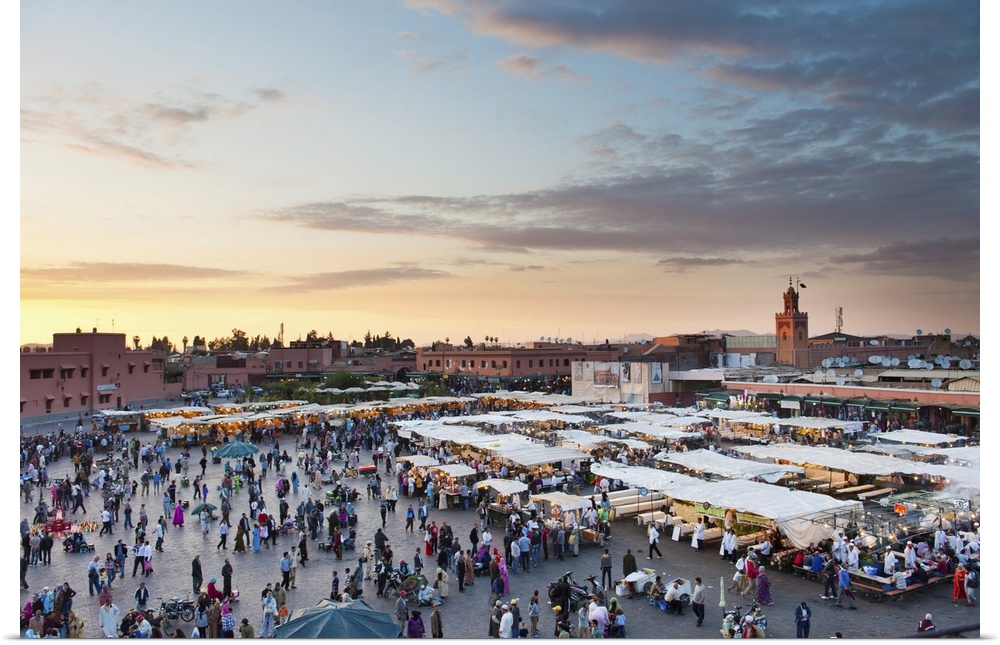 View of the Djemaa el Fna at sunset, Marrakech, Morocco, North Africa, Africa