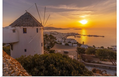 View Of Windmill Overlooking Town At Golden Sunset, Mykonos, Greece